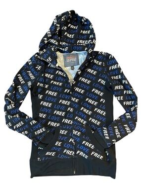 Jimmy Z Y2K “Free Love” printed  Zip Hoodie - Black/Blue size XS